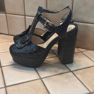 Clarks Orla Kiely Collab Navy Blue Croc-Patterned Platform Sandals